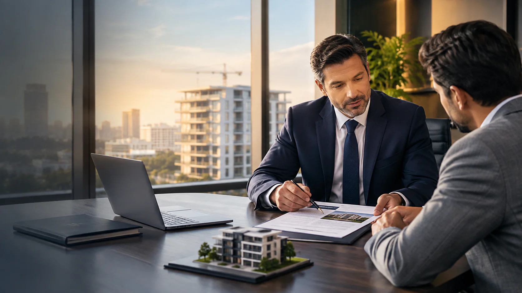 A lender reviews loan papers with a borrower, a building under construction visible through the window