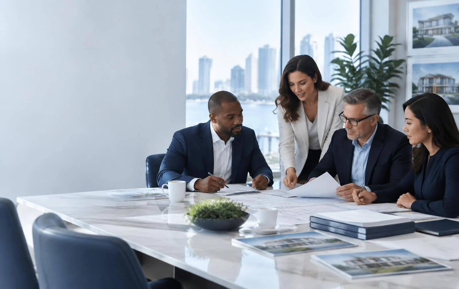 A team meets around a white conference table working through transaction documents