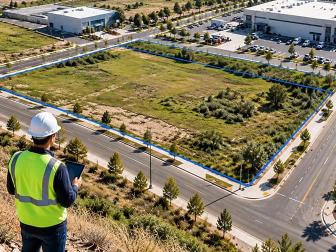 A surveyor with a tablet overlooks a vacant commercial parcel with its boundary outlined