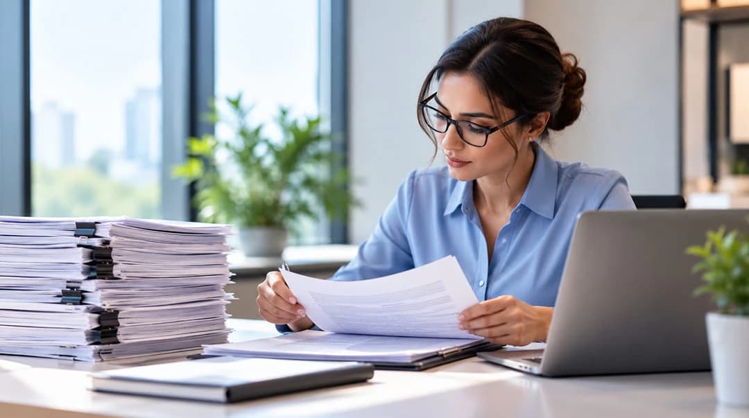 An operations specialist works through a document at her laptop beside stacks of paperwork