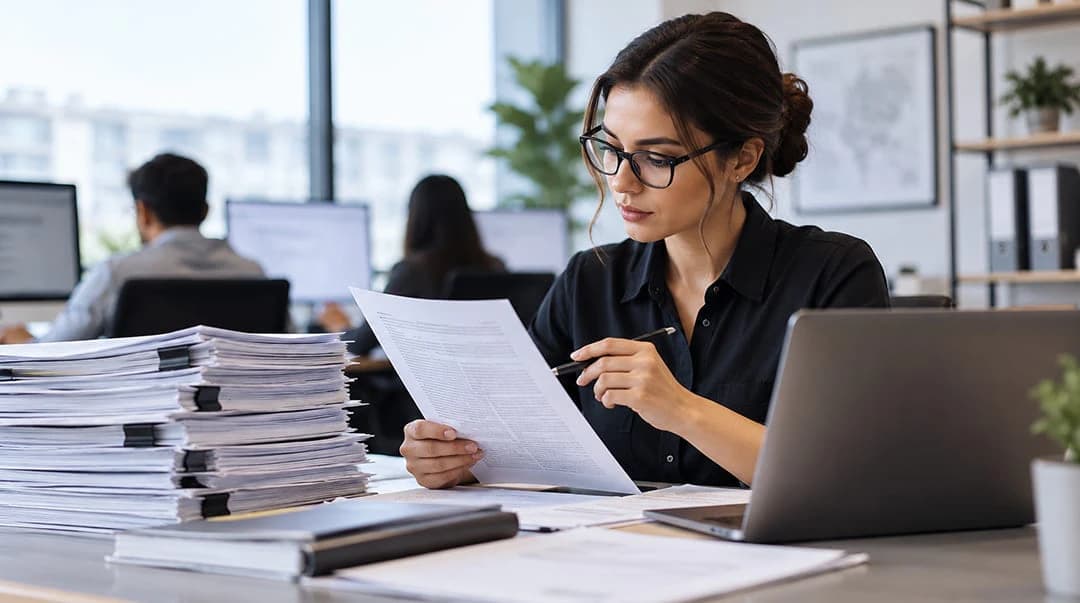 A title researcher reviews a document at her desk beside tall stacks of clipped title files