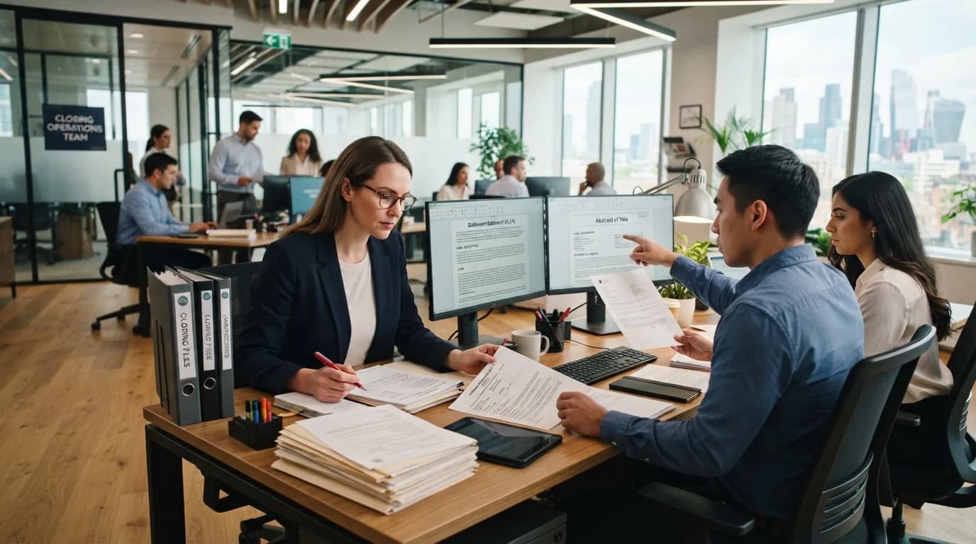 A closing operations team checks a settlement statement against the file at a dual-monitor desk