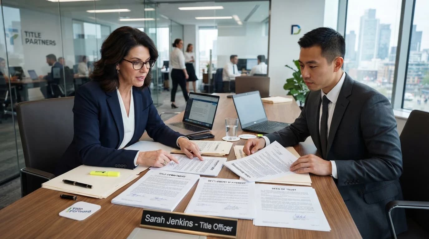 A title officer and a closing specialist review a title commitment, settlement statement and deed of trust together