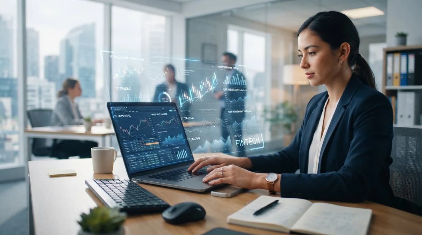 An operations specialist works through files on a laptop in an open office