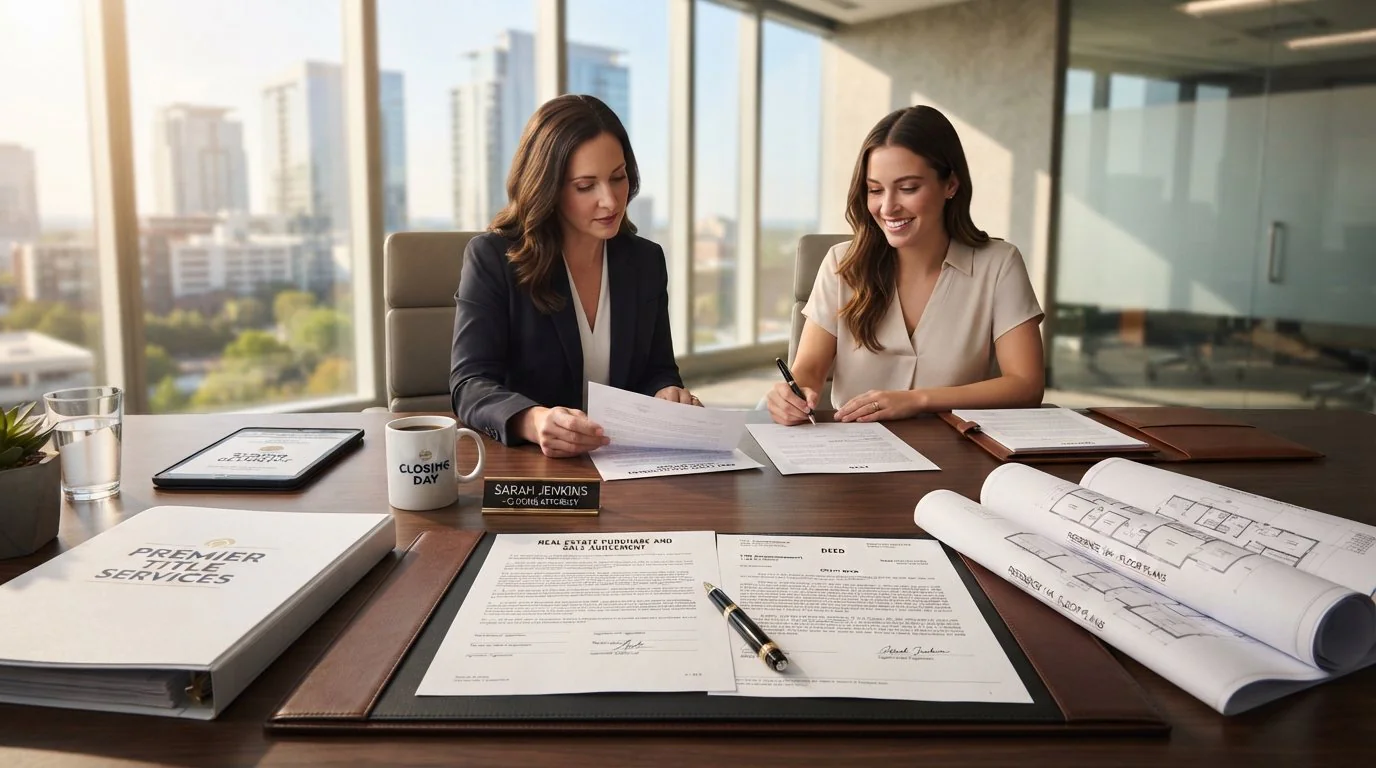 Two title professionals review recorded documents and a title services binder at a conference table