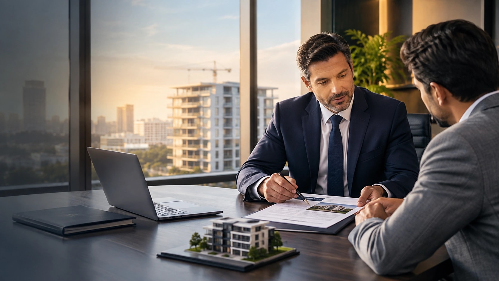 A lender and a borrower meet at a desk beside a building model, with construction and the city skyline behind them