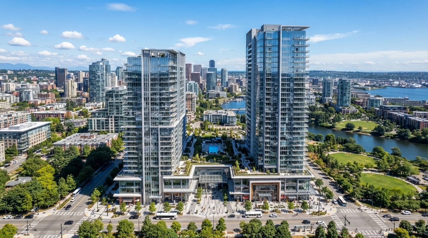 An aerial view of a city's residential and commercial towers