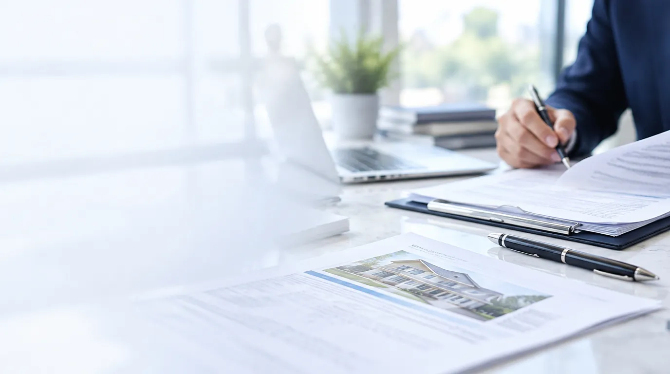 An agent walks a couple through closing documents at a desk beside a small house model