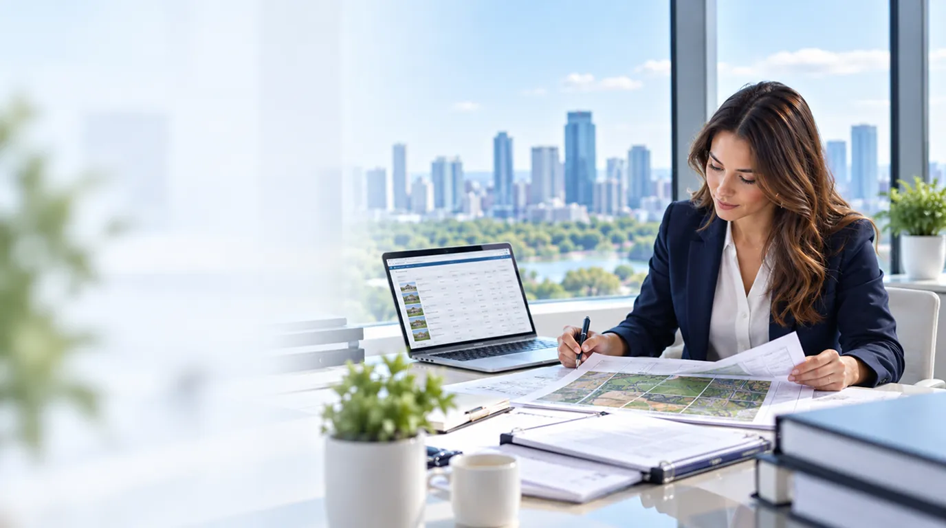 Three professionals at a desk with a house model and binders labelled Investment, Lending, Foreclosure and Real Estate