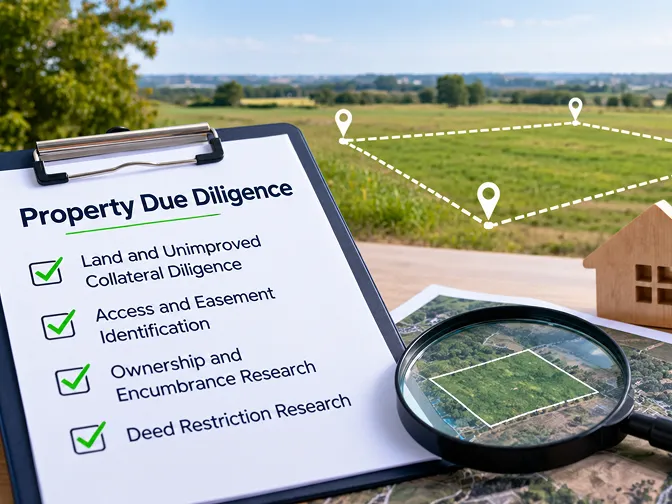 A person inspects a building model with a magnifying glass over property documents
