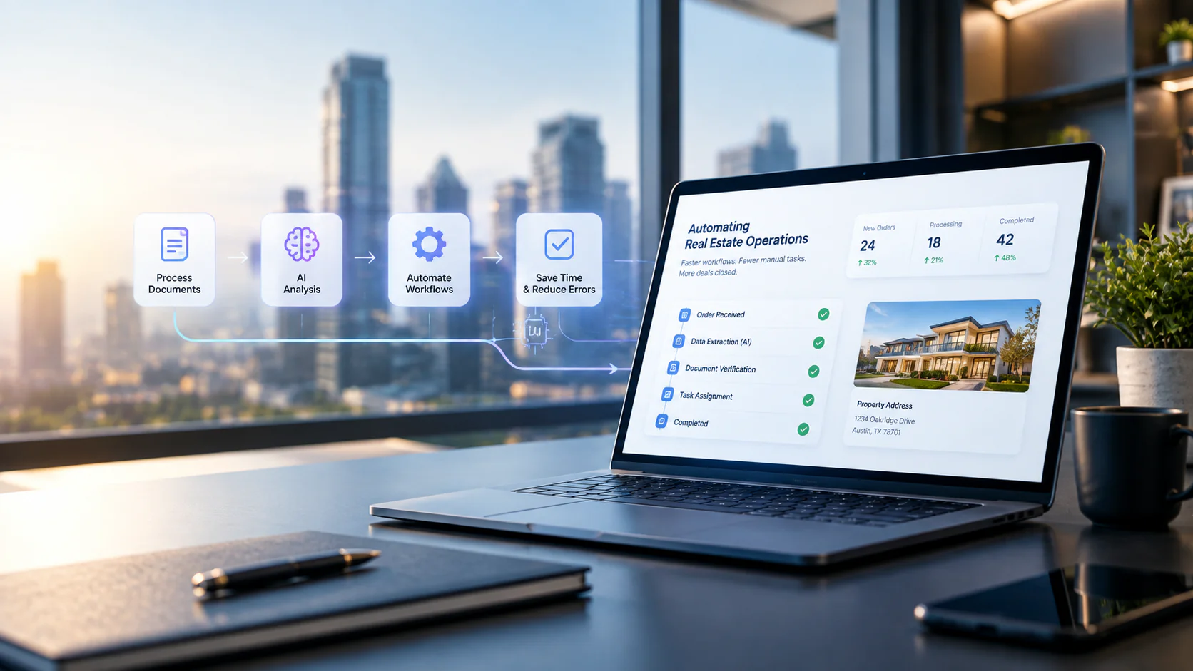 A laptop showing an Automating Real Estate Operations dashboard, with a city view behind it