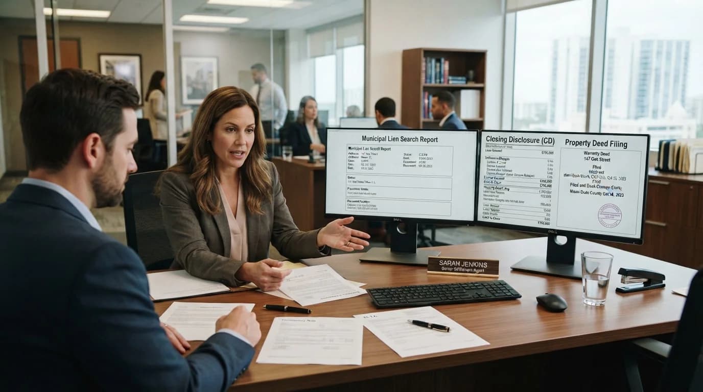 A settlement agent walks a client through a municipal lien search report, closing disclosure and recorded deed at her desk