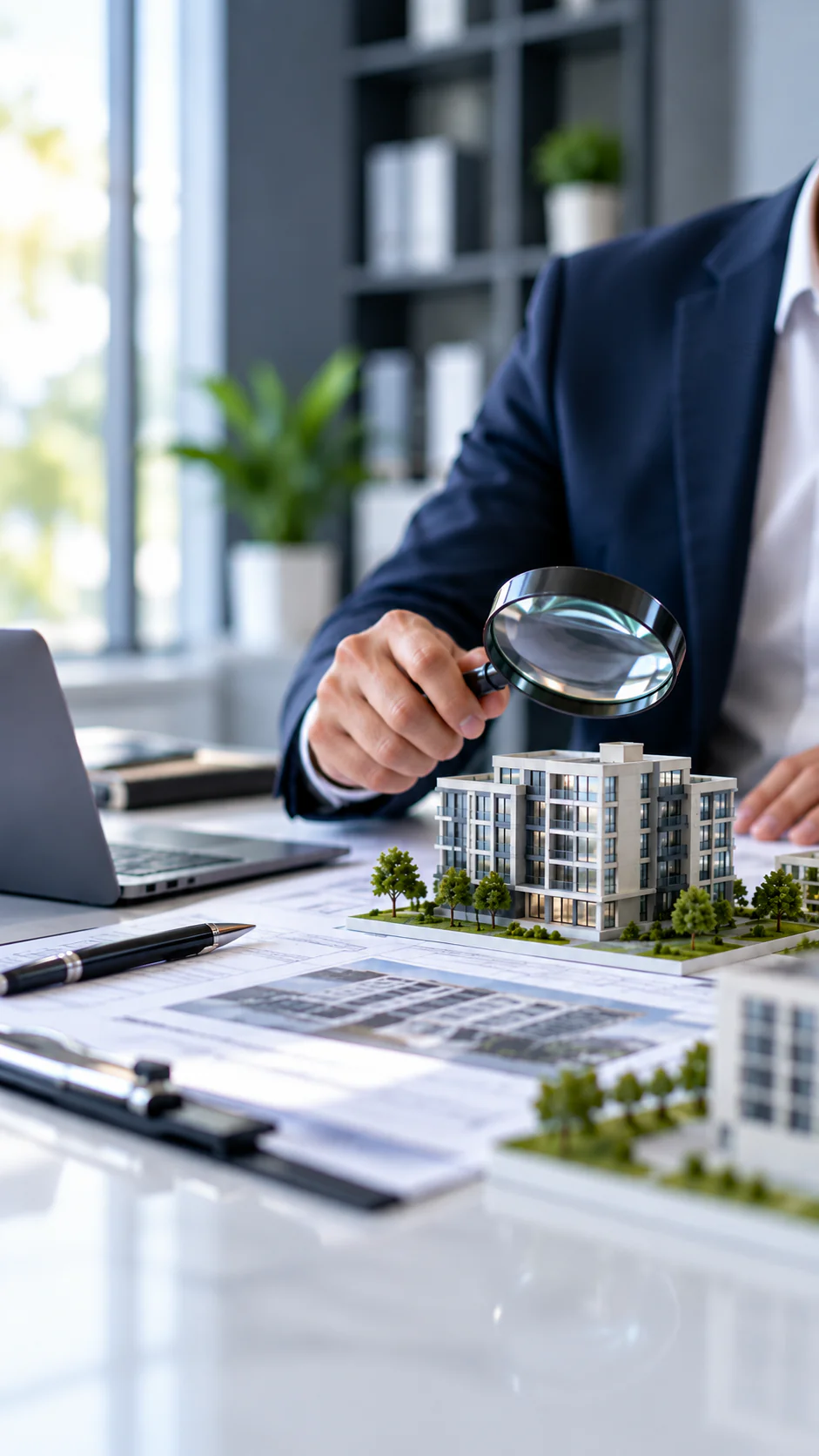 A person examines property documents with a magnifying glass beside a building model