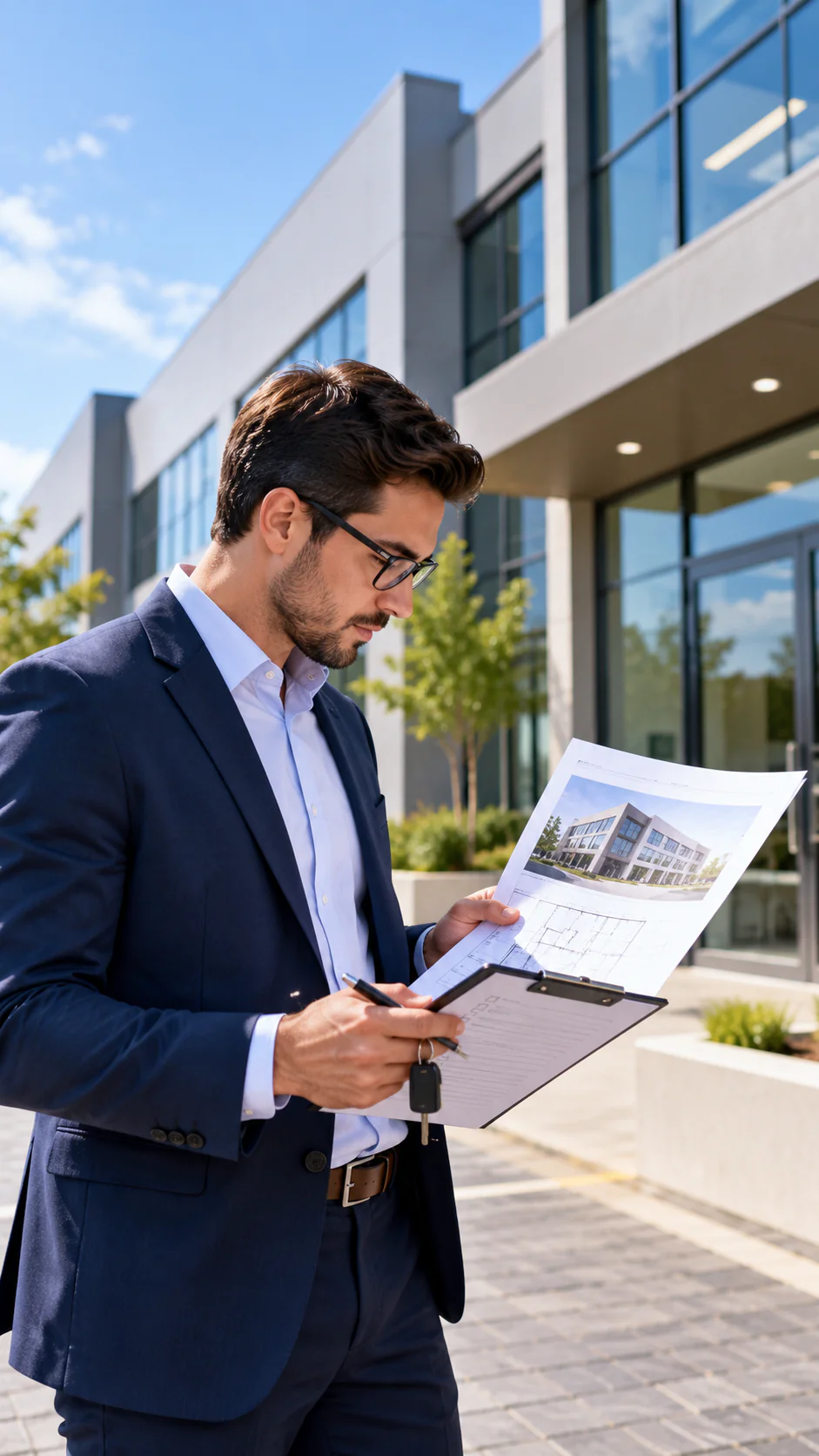 A professional outside a building reviews a property document