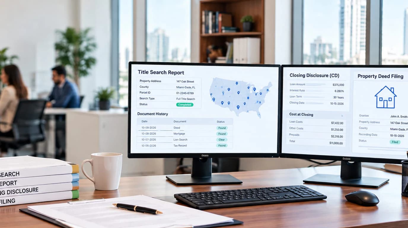 Two monitors on an office desk showing a title search report, a closing disclosure and a deed filing