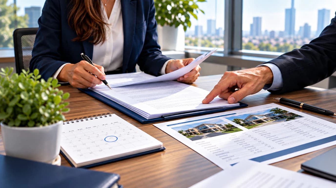 An exchange advisor points to a replacement-property listing while a client signs documents, with the deadline circled on a calendar