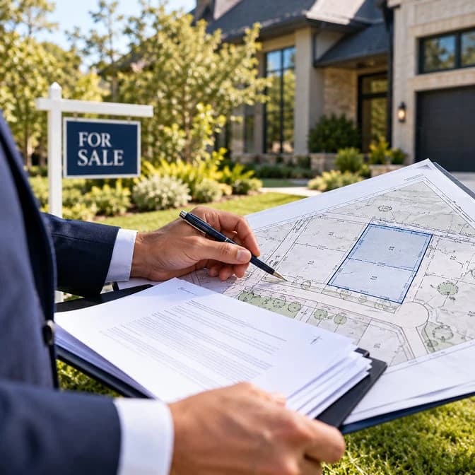 A professional reviews a parcel plat and title documents outside a house with a For Sale sign