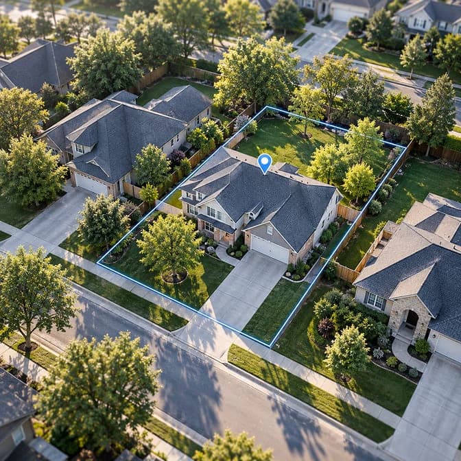 An aerial view of a suburban street with one house's parcel boundary outlined and pinned