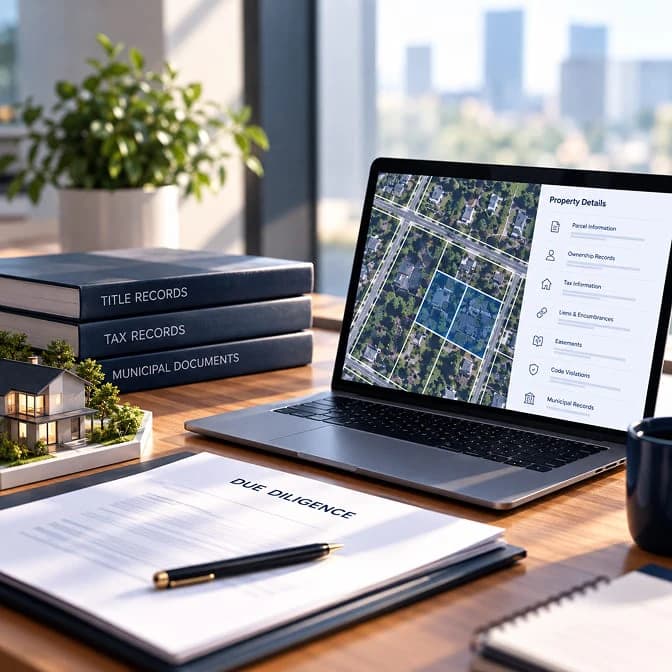 A due diligence file beside title, tax and municipal record books and a laptop showing a parcel's property details
