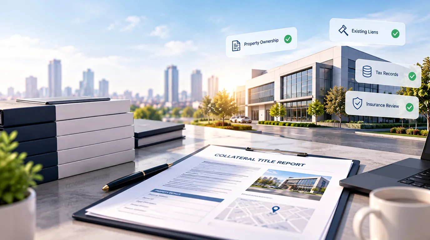 A collateral title report on a clipboard in front of a commercial building, with property ownership, existing liens, tax records and insurance review checked off