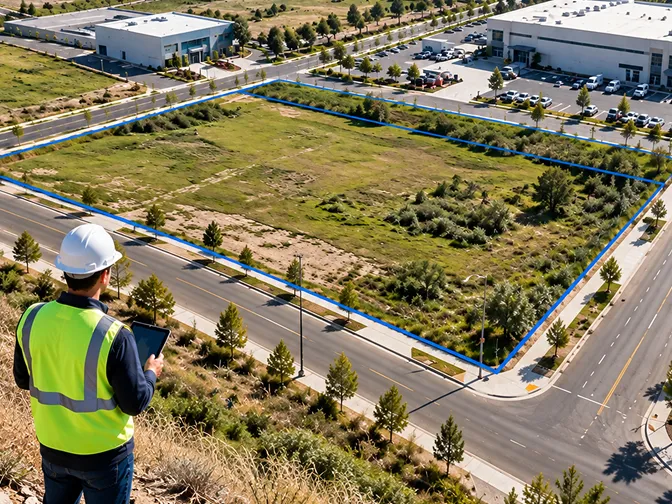 A surveyor with a tablet overlooks a vacant commercial parcel with its boundary outlined