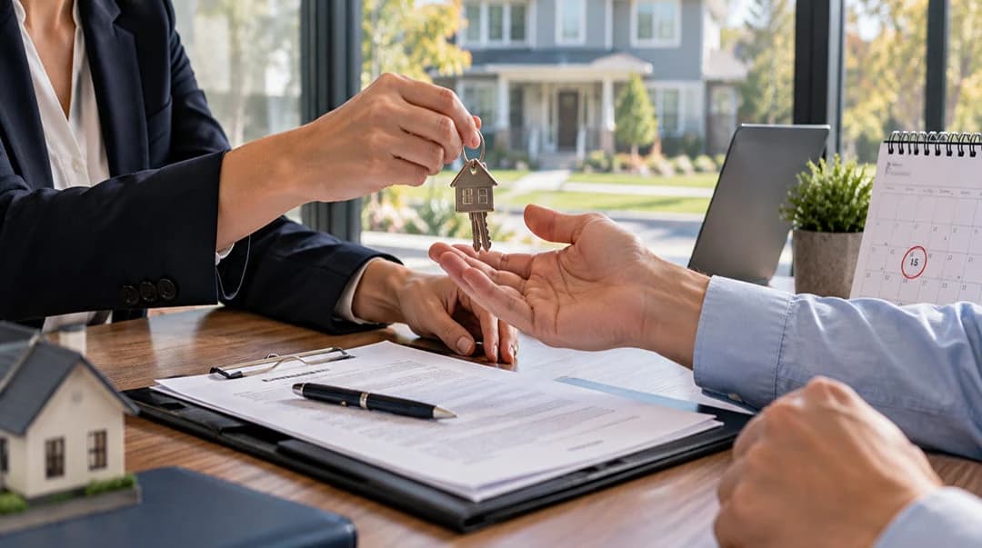 House keys handed across a desk over signed closing documents, with the closing date circled on a calendar