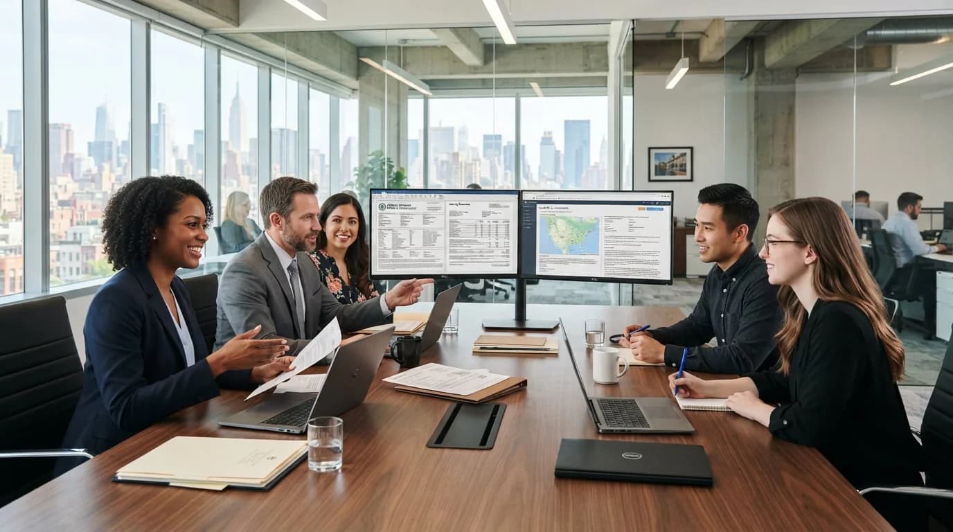 A title and closing operations team works through files around a conference table