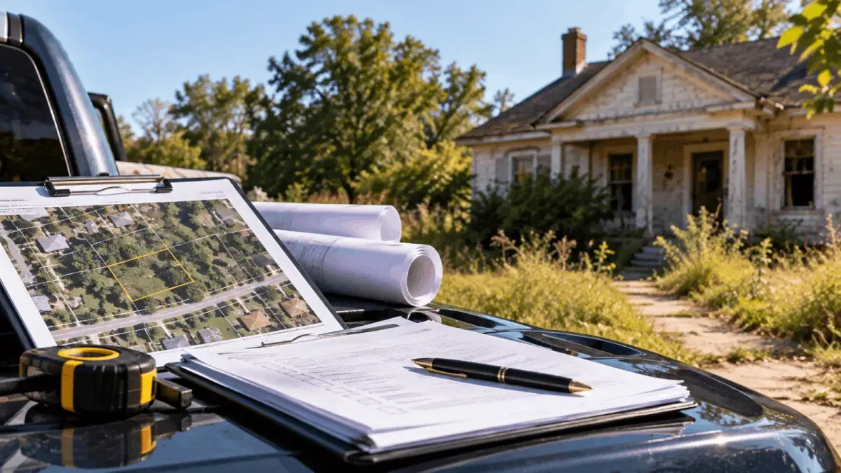 A clipboard with a parcel map, rolled plans and a tape measure on a truck hood, in front of an overgrown vacant house
