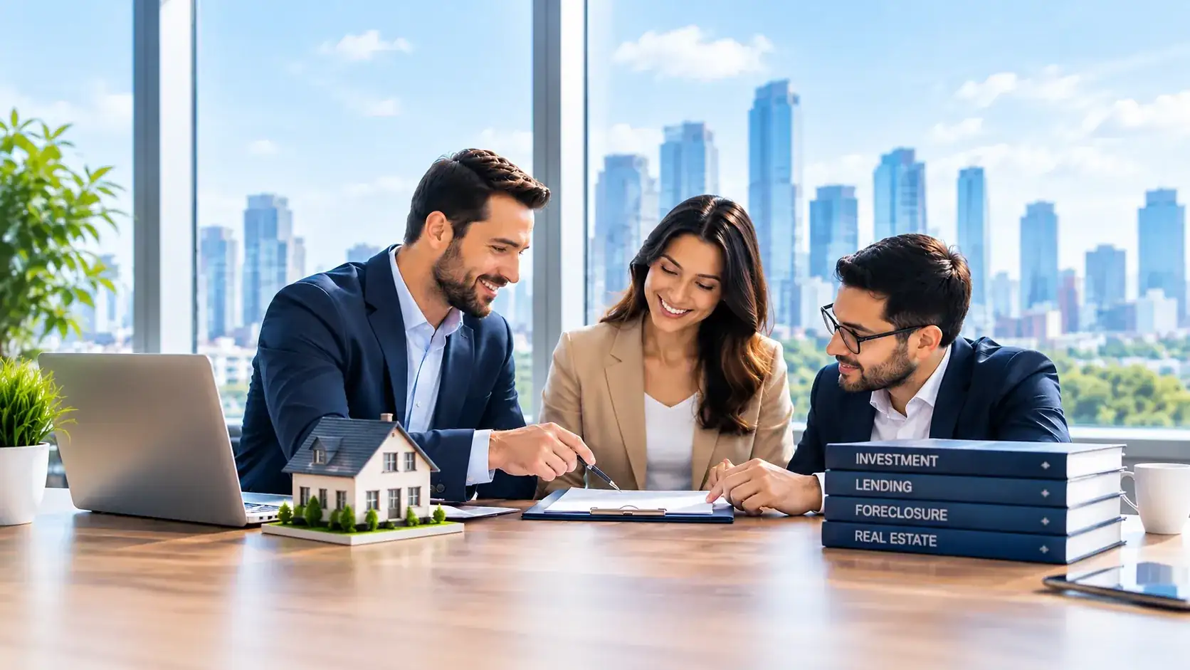 Three professionals at a desk with a small house model and binders labelled Investment, Lending, Foreclosure and Real Estate